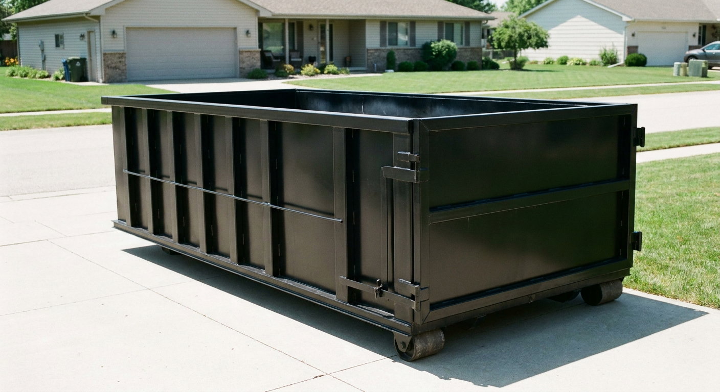 Matte-black 10-yard roll-off dumpster on a residential concrete driveway in Rancho Cucamonga, uniformly painted matte black across every panel and rail, ribbed steel sidewalls and rear swing door visible, mid-day daylight.