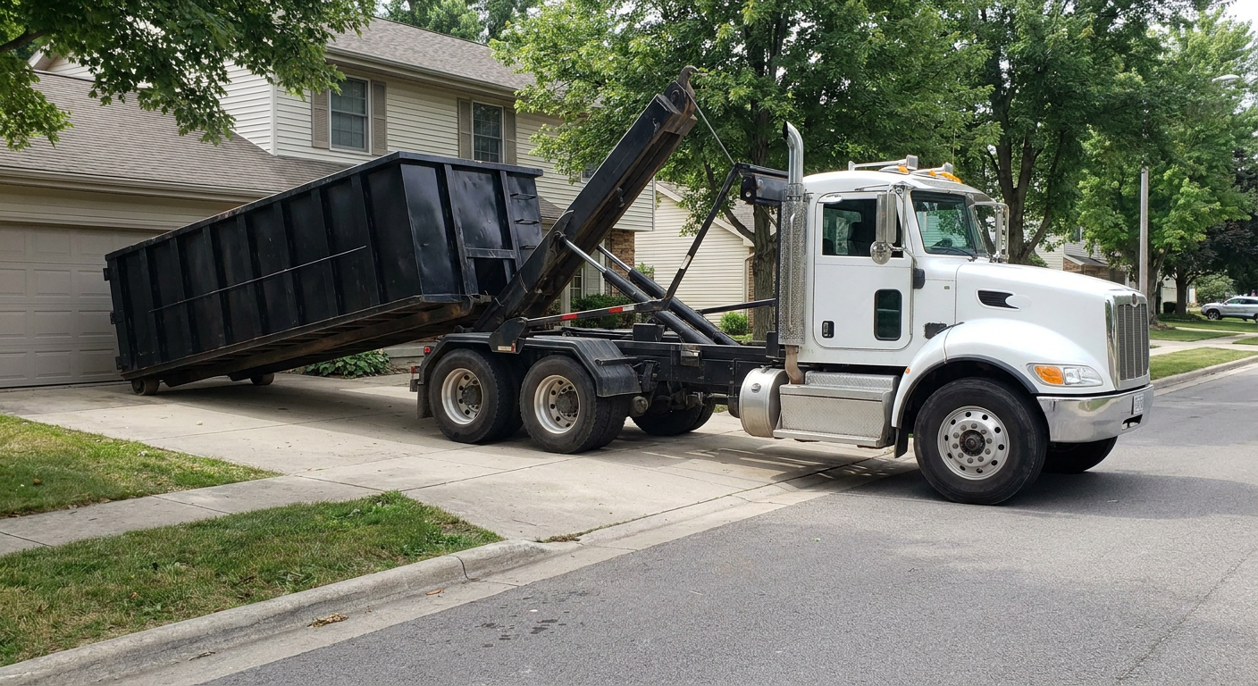 White-cab hooklift roll-off truck actively lowering a matte-black dumpster onto a Rancho Cucamonga residential concrete driveway, the dumpster's rear wheels touching the driveway as the hoist arm tilts the bed forward, mid-morning daylight.